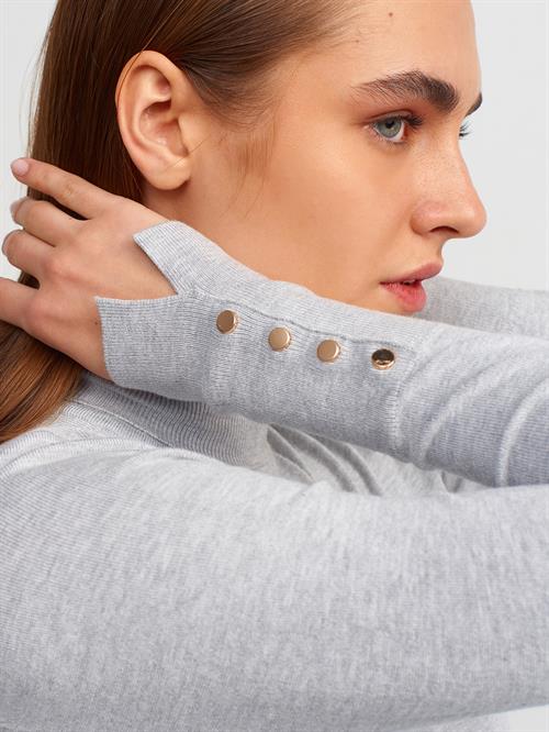 Wholesale Womens Gray Melange Turtleneck Knit Sweater with Snap-Button Wide Cuffs
