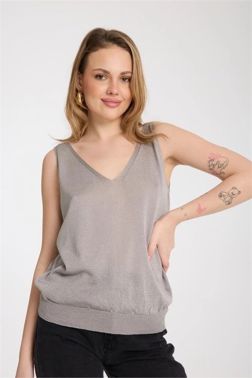 Wholesale Womens Gray Mercerized Knit Top with Front and Back V-Neck