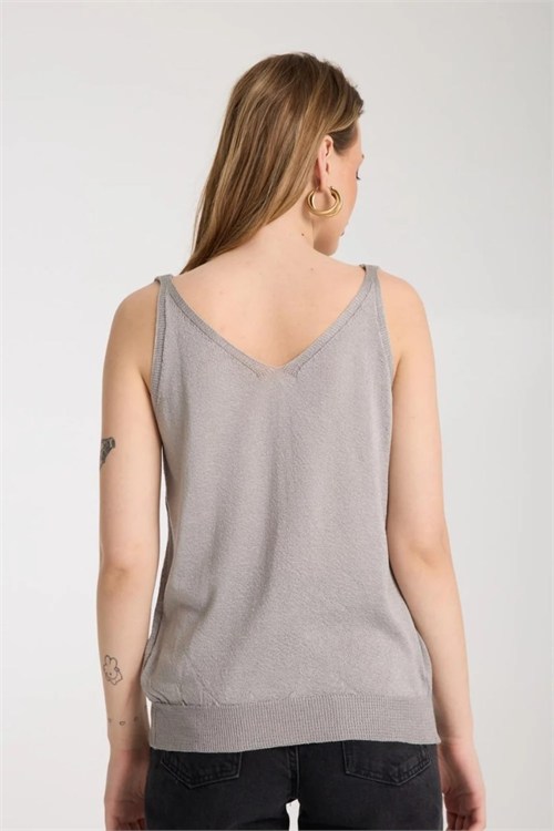 Wholesale Womens Gray Mercerized Knit Top with Front and Back V-Neck