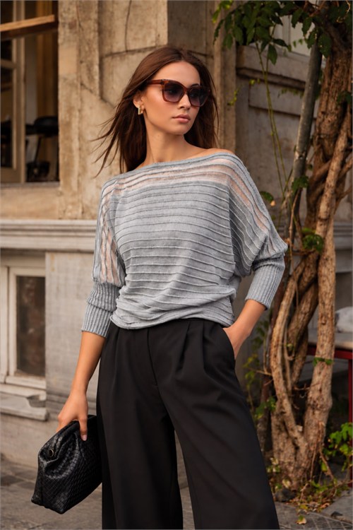 Wholesale Womens Gray Pleated-Texture Mercerized Knit Sweater with Sheer Yoke