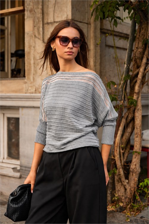 Wholesale Womens Gray Pleated-Texture Mercerized Knit Sweater with Sheer Yoke