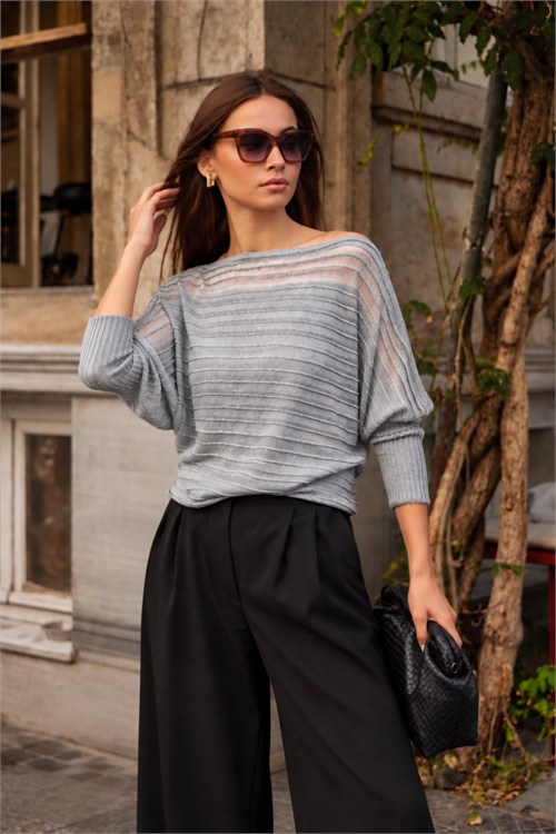 Wholesale Womens Gray Pleated-Texture Mercerized Knit Sweater with Sheer Yoke