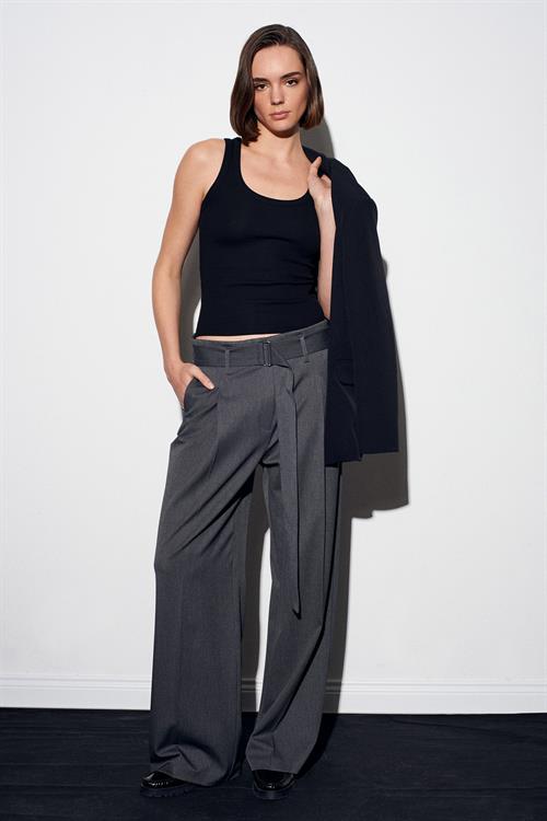 Wholesale Womens Gray Pleated Wide Leg Trousers with Belt