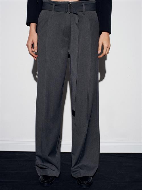 Wholesale Womens Gray Pleated Wide Leg Trousers with Belt