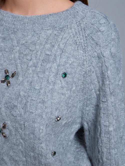 Wholesale Womens Gray Raglan-Sleeve Crew-Neck Knit Sweater with Rhinestone Embellishments