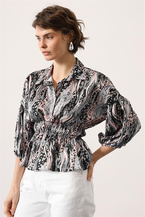 Wholesale Womens Gray Satin Shirt with Gathered Elastic Waist and Half Placket