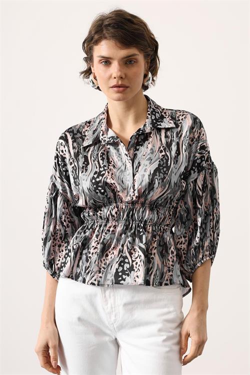 Wholesale Womens Gray Satin Shirt with Gathered Elastic Waist and Half Placket