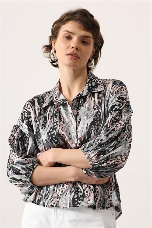 Wholesale Womens Gray Satin Shirt with Gathered Elastic Waist and Half Placket