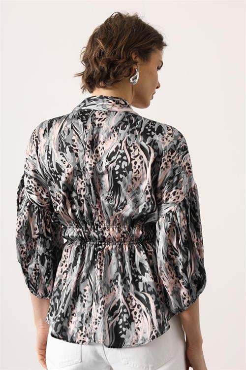 Wholesale Womens Gray Satin Shirt with Gathered Elastic Waist and Half Placket