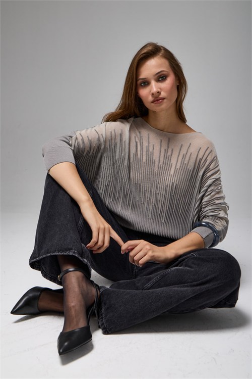 Wholesale Womens Gray Sheer Mercerized Fine Knit Blouse with Boat Neck and Long Sleeves