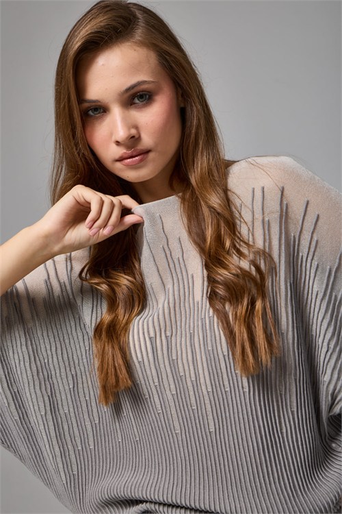 Wholesale Womens Gray Sheer Mercerized Fine Knit Blouse with Boat Neck and Long Sleeves