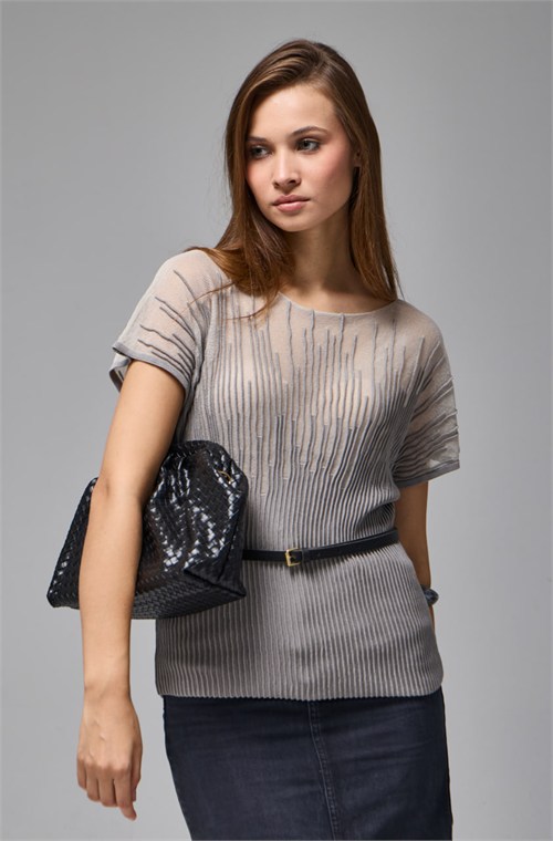 Wholesale Womens Gray Sheer Mercerized Fine Knit Blouse with Boat Neck and Short Sleeves