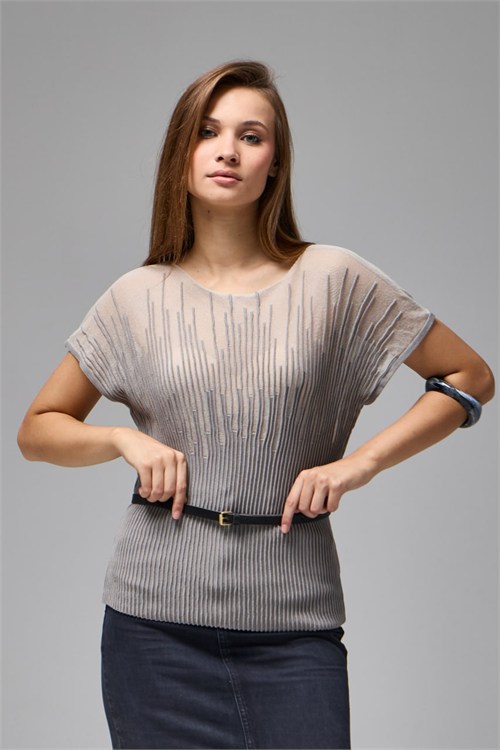 Wholesale Womens Gray Sheer Mercerized Fine Knit Blouse with Boat Neck and Short Sleeves