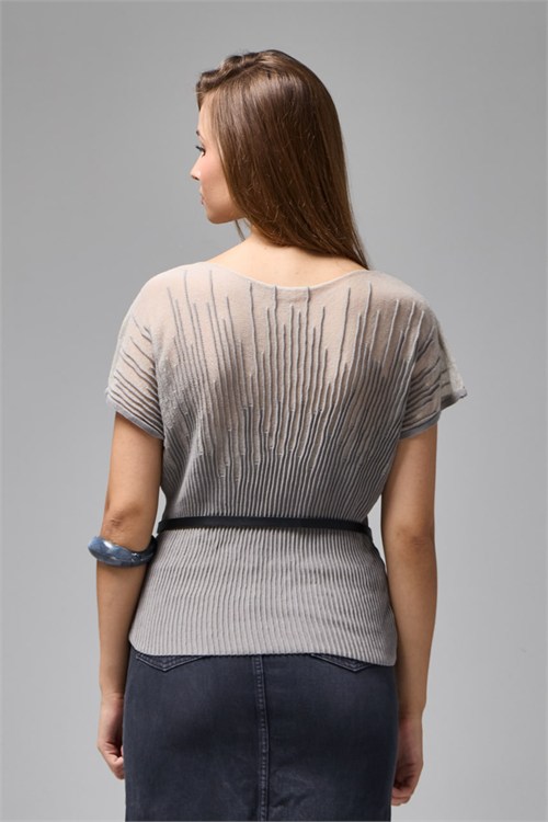 Wholesale Womens Gray Sheer Mercerized Fine Knit Blouse with Boat Neck and Short Sleeves
