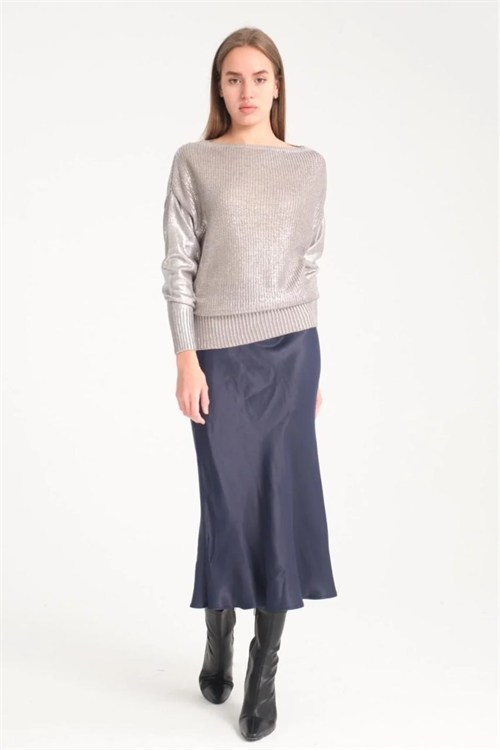 Wholesale Womens Gray Shimmering Foil Knit Sweater with Wide Cuffs