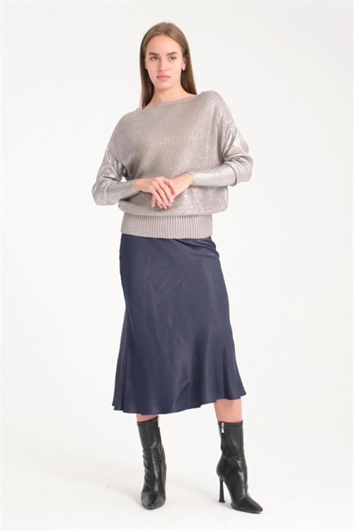 Wholesale Womens Gray Shimmering Foil Knit Sweater with Wide Cuffs