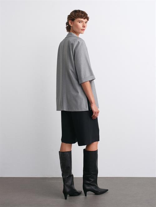 Wholesale Womens Gray Striped Blazer with Three-Quarter Sleeves