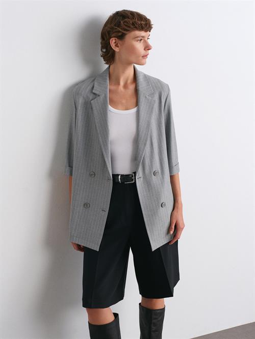 Wholesale Womens Gray Striped Blazer with Three-Quarter Sleeves