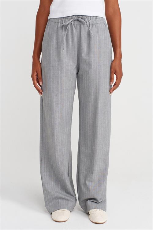 Wholesale Womens Gray Striped Wide Trousers with Drawstring Waist