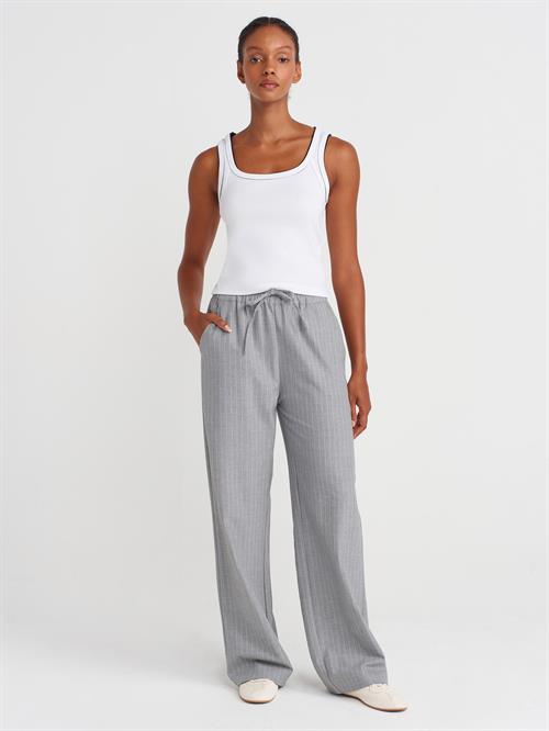 Wholesale Womens Gray Striped Wide Trousers with Drawstring Waist