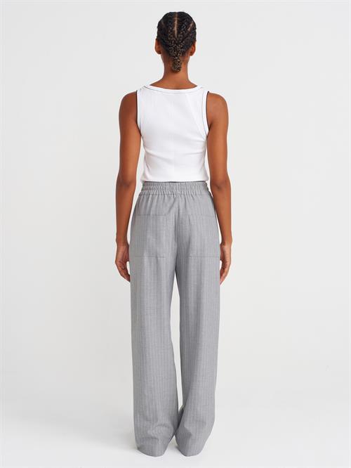 Wholesale Womens Gray Striped Wide Trousers with Drawstring Waist