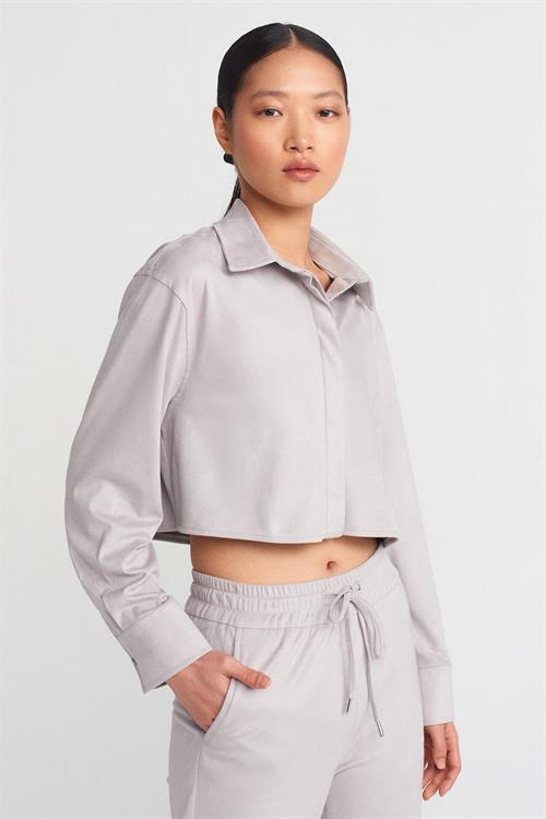 Wholesale Womens Gray Suede Crop Shirt