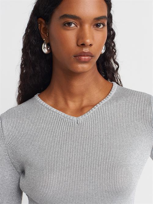 Wholesale Womens Gray V-Neck Lurex Knit Sweater