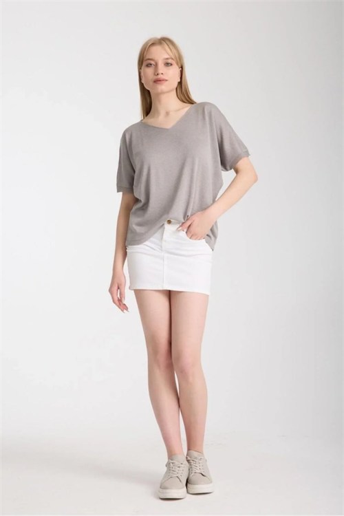 Wholesale Womens Gray V-Neck Mercerized Knit Sweater with Short Sleeves