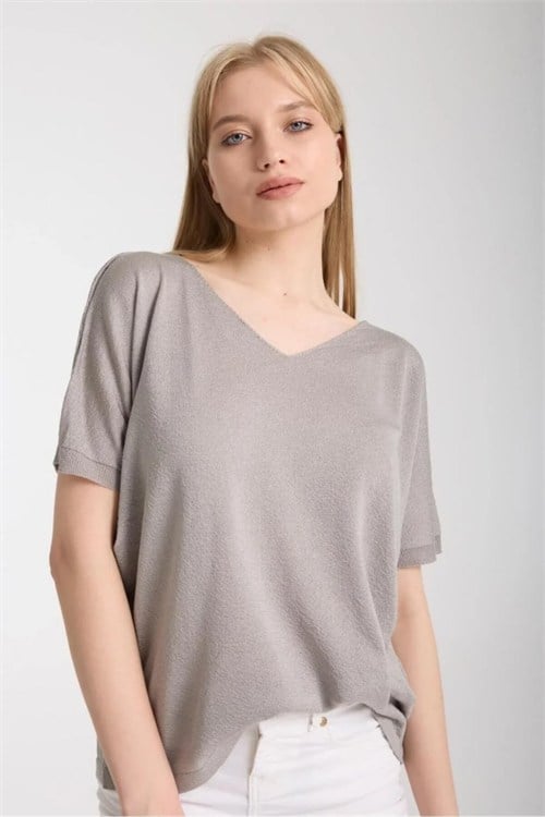 Wholesale Womens Gray V-Neck Mercerized Knit Sweater with Short Sleeves