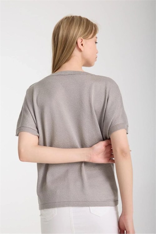 Wholesale Womens Gray V-Neck Mercerized Knit Sweater with Short Sleeves