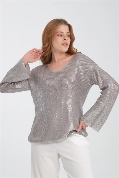 Wholesale Womens Gray V-Neck Shimmering Foil Knit Sweater
