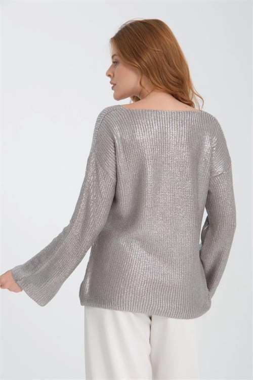 Wholesale Womens Gray V-Neck Shimmering Foil Knit Sweater