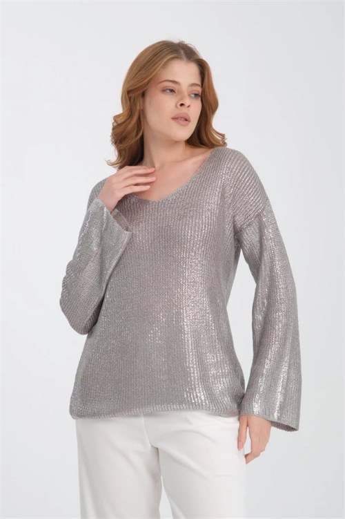 Wholesale Womens Gray V-Neck Shimmering Foil Knit Sweater
