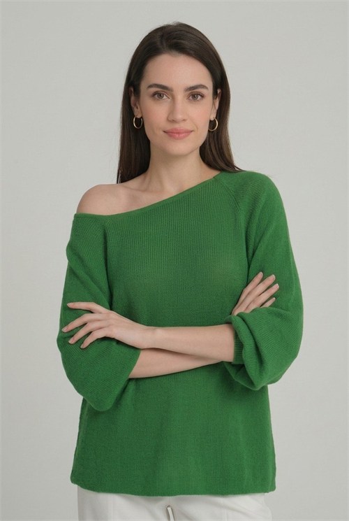 Wholesale Womens Green Boat-Neck Mercerized Knit Sweater with Raglan Sleeves