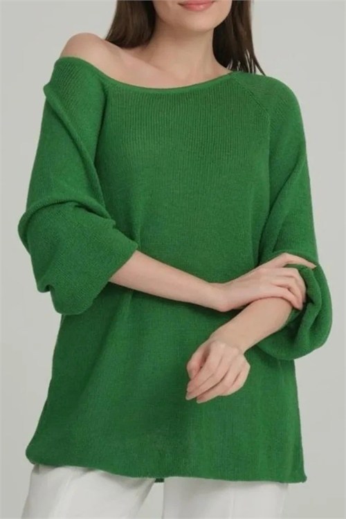 Wholesale Womens Green Boat-Neck Mercerized Knit Sweater with Raglan Sleeves