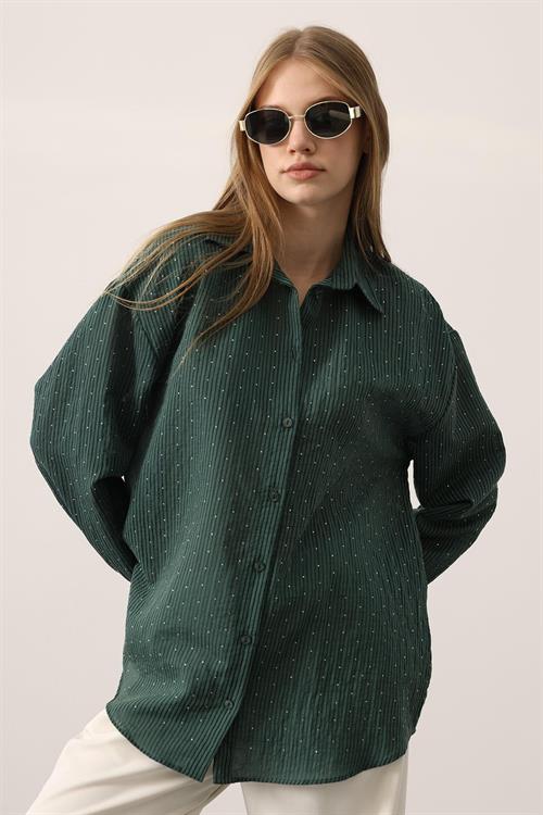 Wholesale Womens Green Chiffon Shirt with Rhinestone Embellishment