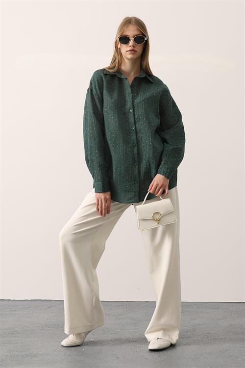 Wholesale Womens Green Chiffon Shirt with Rhinestone Embellishment