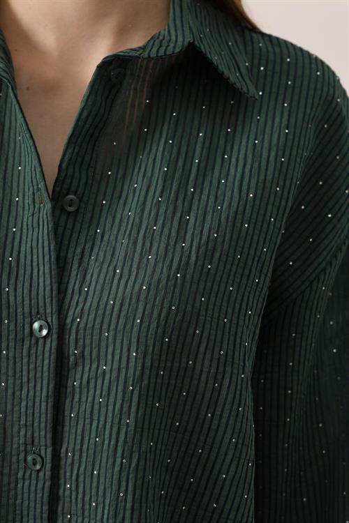 Wholesale Womens Green Chiffon Shirt with Rhinestone Embellishment