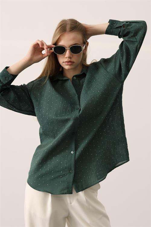 Wholesale Womens Green Chiffon Shirt with Rhinestone Embellishment