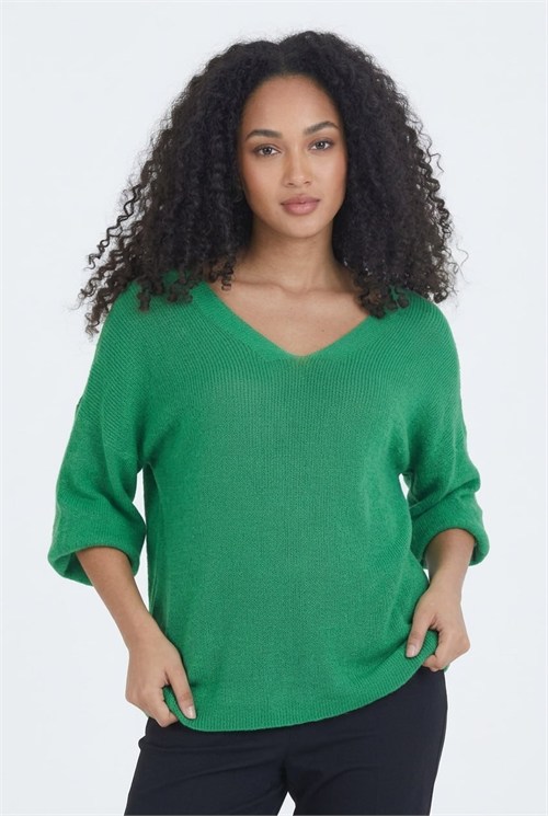 Wholesale Womens Green Relaxed-Fit Mercerized Knit Sweater with Front and Back V-Neck
