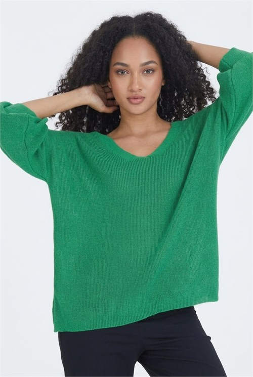 Wholesale Womens Green Relaxed-Fit Mercerized Knit Sweater with Front and Back V-Neck