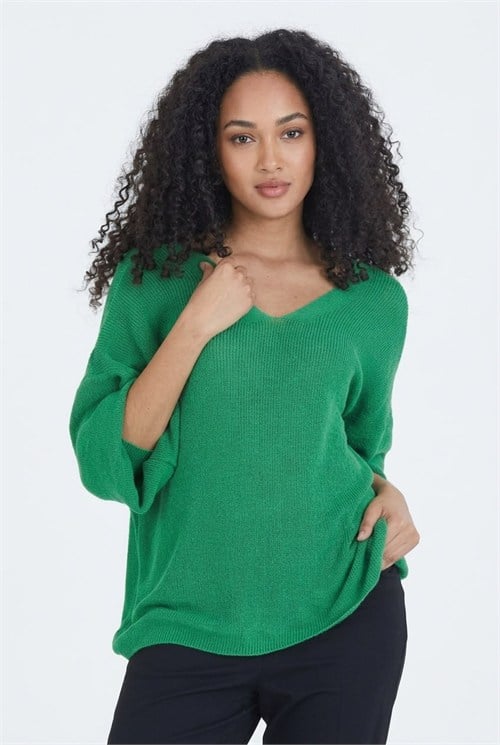 Wholesale Womens Green Relaxed-Fit Mercerized Knit Sweater with Front and Back V-Neck