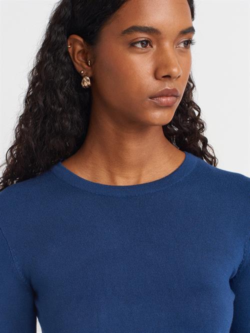 Wholesale Womens Indigo Crew-Neck Knit Blouse with Snap-Button Wide Cuffs