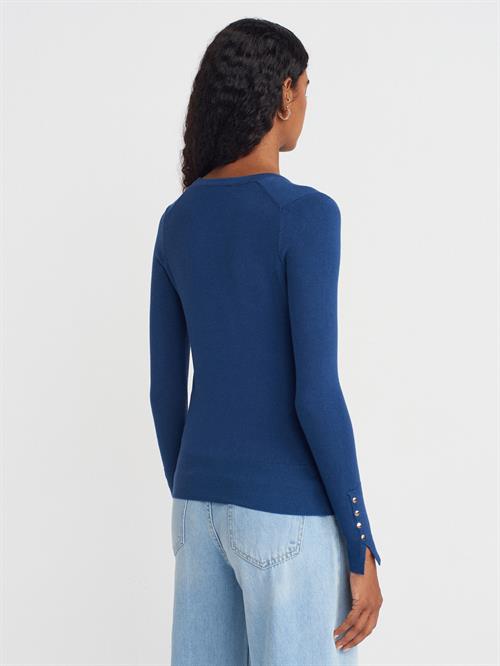 Wholesale Womens Indigo Crew-Neck Knit Blouse with Snap-Button Wide Cuffs