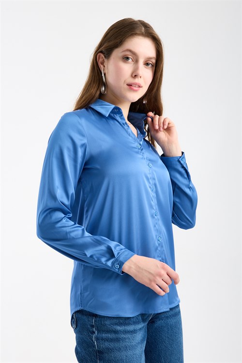 Wholesale Womens Indigo Satin Long-Sleeve Shirt