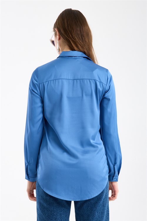 Wholesale Womens Indigo Satin Long-Sleeve Shirt