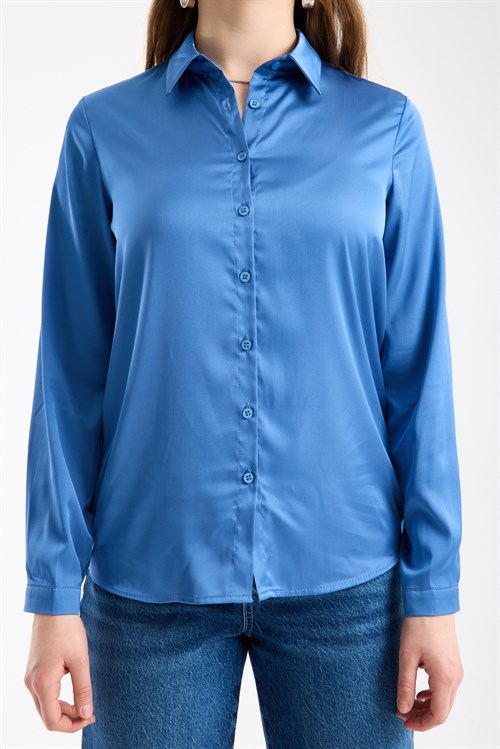 Wholesale Womens Indigo Satin Long-Sleeve Shirt