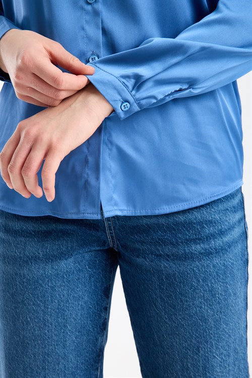 Wholesale Womens Indigo Satin Long-Sleeve Shirt