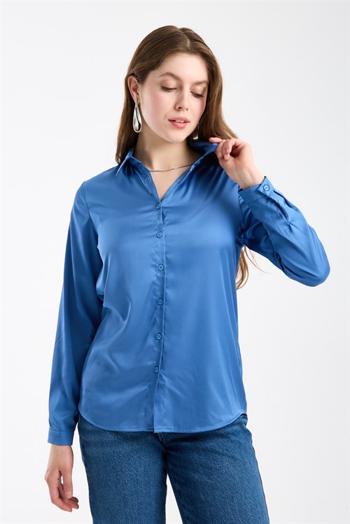 Wholesale Womens Indigo Satin Long-Sleeve Shirt
