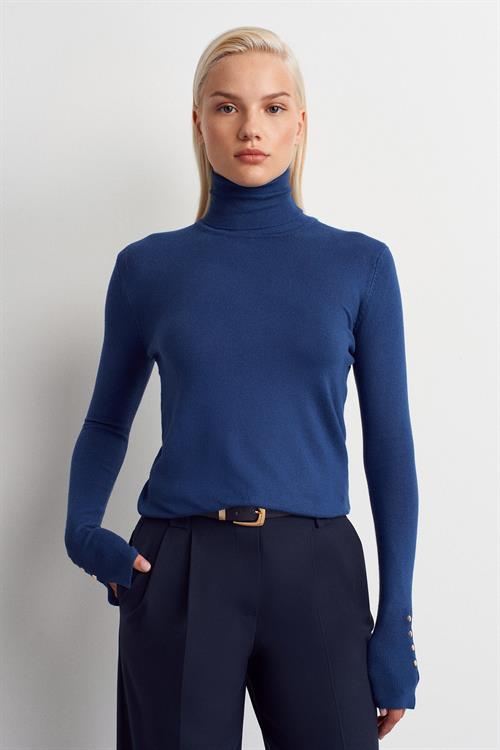 Wholesale Womens Indigo Turtleneck Knit Sweater with Snap-Button Wide Cuffs